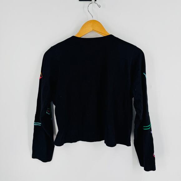 Michael Simon Lite Black Floral Embroidered Cardigan 100% Cotton L - Picture 2 of 6